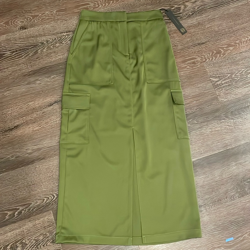 🌿Nwt House of Harlow 1960 plant green satin cargo pocket skirt slit midi XS - Picture 5 of 14